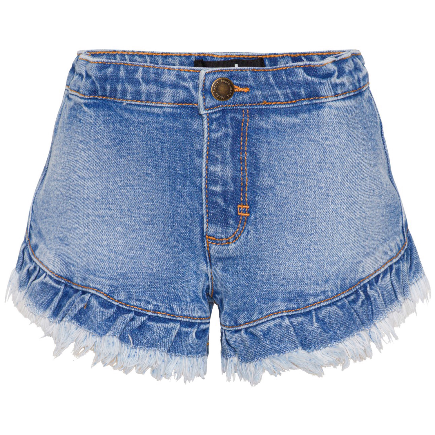 Agnetha - Washed Denim Blue - Blue denim shorts with ruffle detail 